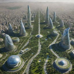 Futuristic view of Iran in 2038 with advanced buildings, clean energy sources, busy but organized roads and lush green parks.