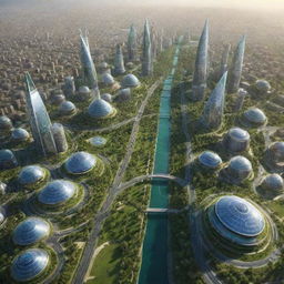 Futuristic view of Iran in 2038 with advanced buildings, clean energy sources, busy but organized roads and lush green parks.