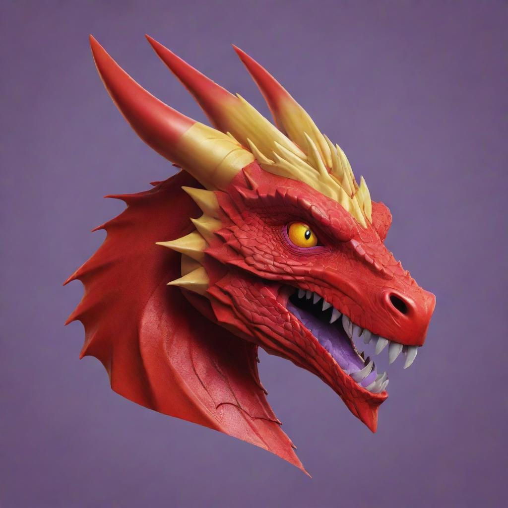 Generate a logo-style icon of a red dragon's face in side view against a red background. The dragon should have completely yellow eyes and very pale purple shades on its skin.