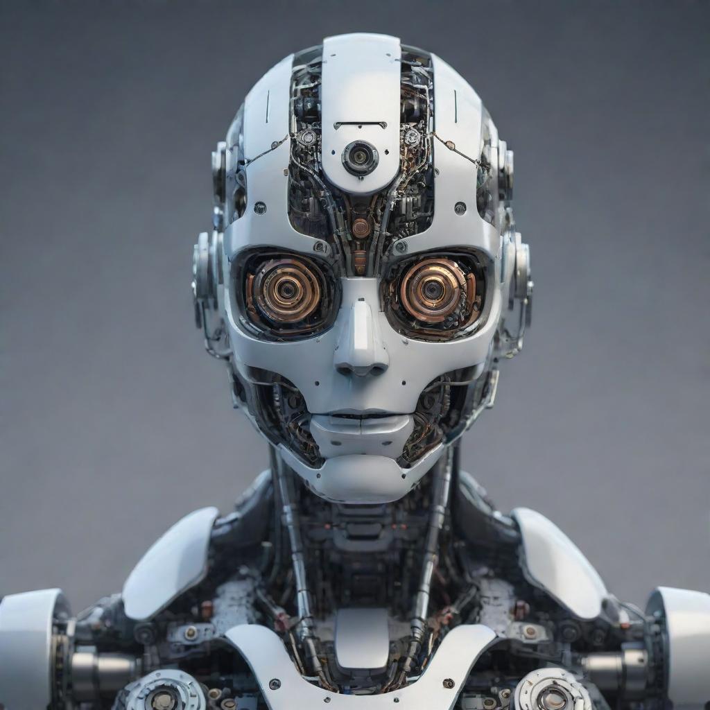 A realistic interpretation of an AI robot, showcasing intricate mechanical details and futuristic design elements.