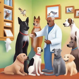 A high-quality digital art image showcasing a diverse group of animals, such as dogs, cats, and birds, huddled around a friendly veterinarian