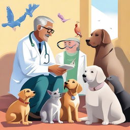 A high-quality digital art image showcasing a diverse group of animals, such as dogs, cats, and birds, huddled around a friendly veterinarian