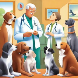 A high-quality digital art image showcasing a diverse group of animals, such as dogs, cats, and birds, huddled around a friendly veterinarian