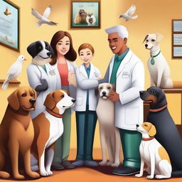 A high-quality digital art image showcasing a diverse group of animals, such as dogs, cats, and birds, huddled around a friendly veterinarian