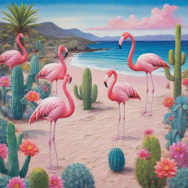 A tropical beach setting with vivid hues of blues and pinks, featuring flamboyant flamingos and intricate cacti dotting the landscape.