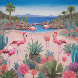 A tropical beach setting with vivid hues of blues and pinks, featuring flamboyant flamingos and intricate cacti dotting the landscape.