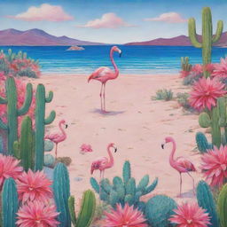 A tropical beach setting with vivid hues of blues and pinks, featuring flamboyant flamingos and intricate cacti dotting the landscape.