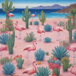 A tropical beach setting with vivid hues of blues and pinks, featuring flamboyant flamingos and intricate cacti dotting the landscape.