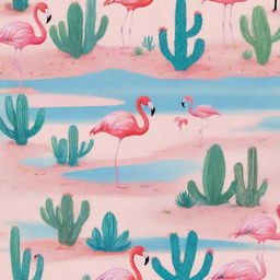 A reimagined beach scene with a color theme of calming blues and vibrant pinks, dotted with playful flamingos and striking cacti.