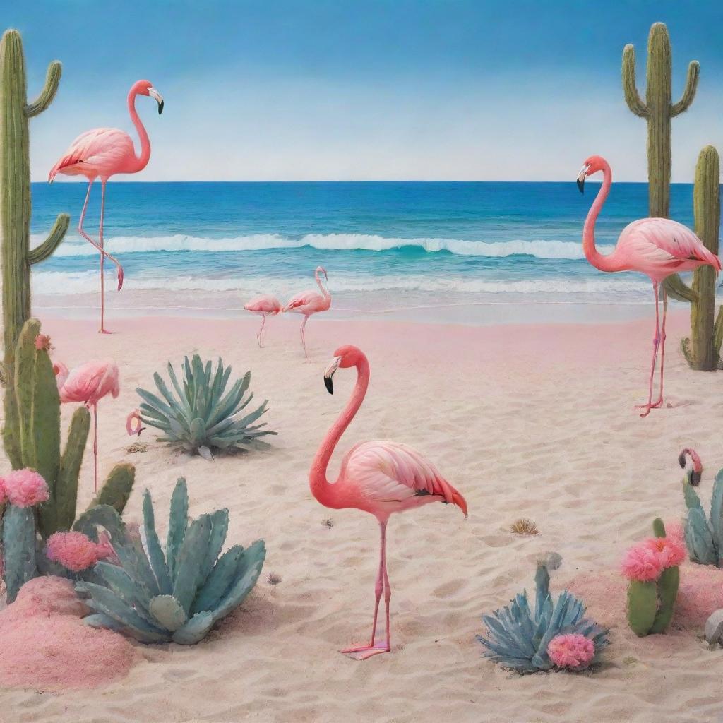 A reimagined beach scene with a color theme of calming blues and vibrant pinks, dotted with playful flamingos and striking cacti.