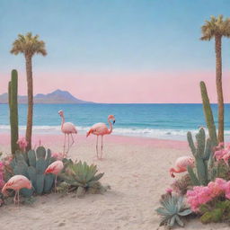 A reimagined beach scene with a color theme of calming blues and vibrant pinks, dotted with playful flamingos and striking cacti.