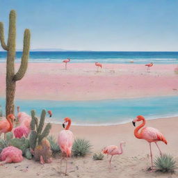 A reimagined beach scene with a color theme of calming blues and vibrant pinks, dotted with playful flamingos and striking cacti.