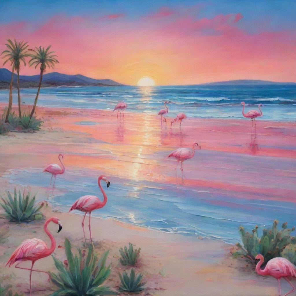 A color-heavy beach scene with ocean blues and sunset pinks, dancing flamingos and scattered cacti