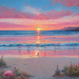 A color-heavy beach scene with ocean blues and sunset pinks, dancing flamingos and scattered cacti