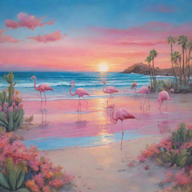 A color-heavy beach scene with ocean blues and sunset pinks, dancing flamingos and scattered cacti