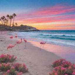 A color-heavy beach scene with ocean blues and sunset pinks, dancing flamingos and scattered cacti