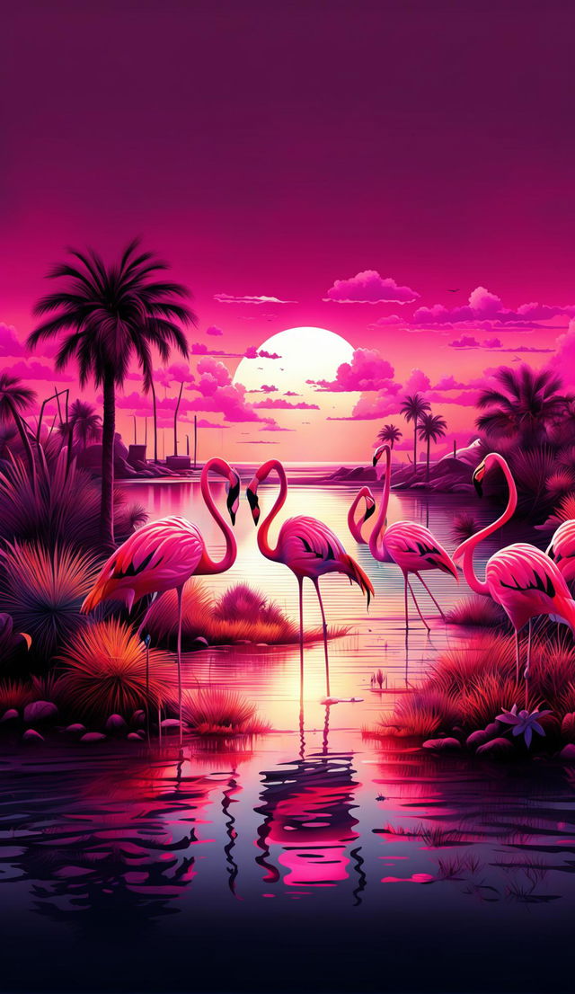 A tranquil beach scene in a color palette of ocean blues, sandy yellows, and sunset pinks, featuring elegant flamingos and imposing cacti.