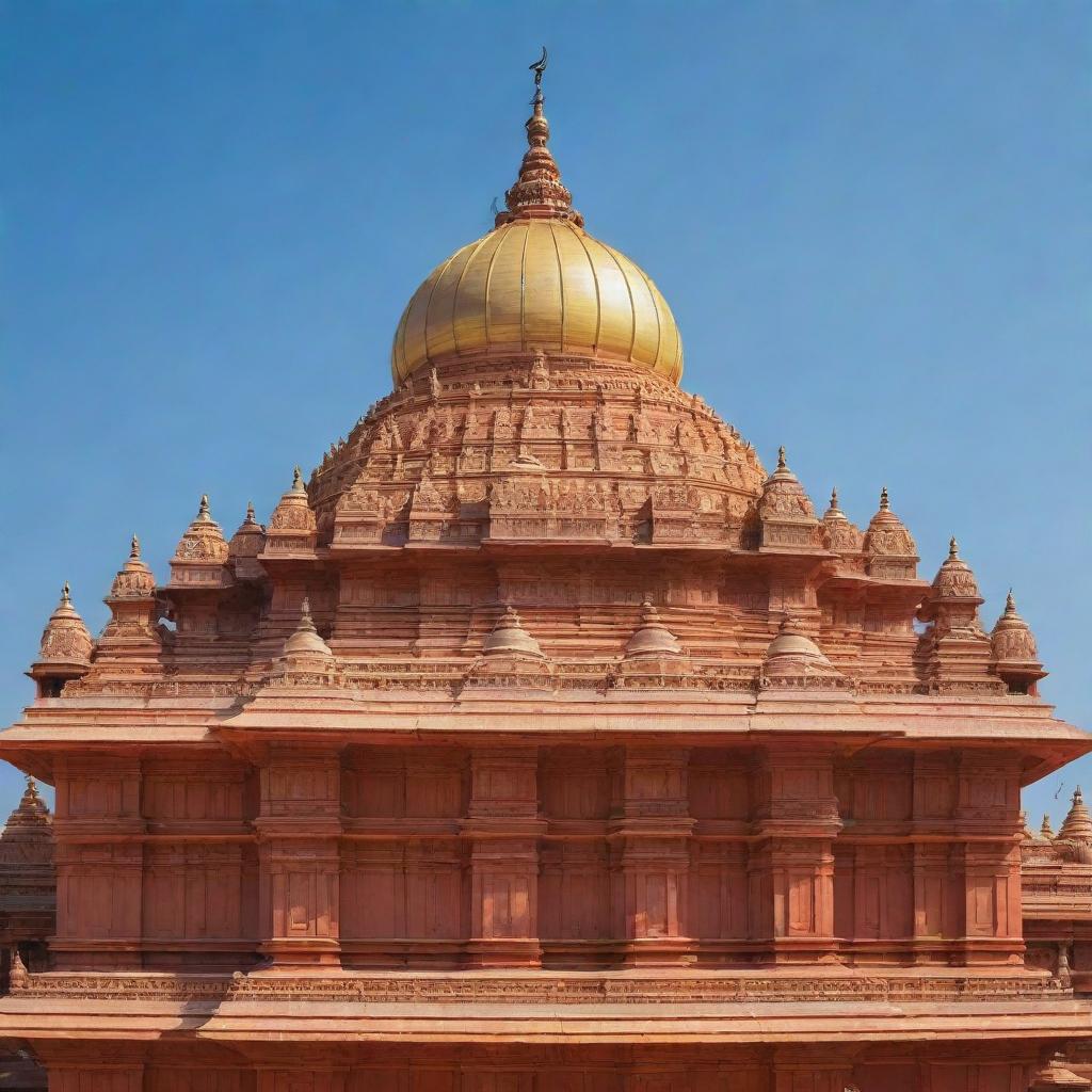 A grand and detailed Ram Mandir (temple) with majestic golden domes under a clear blue sky.