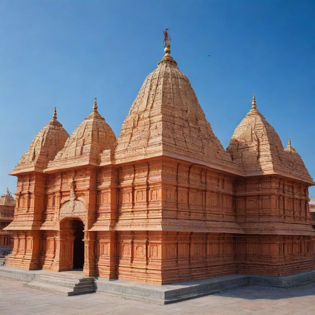 A grand and detailed Ram Mandir (temple) with majestic golden domes under a clear blue sky.