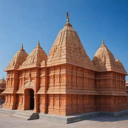 A grand and detailed Ram Mandir (temple) with majestic golden domes under a clear blue sky.