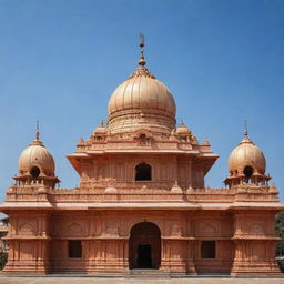 A grand and detailed Ram Mandir (temple) with majestic golden domes under a clear blue sky.