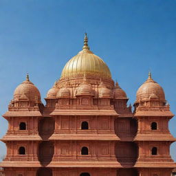 A grand and detailed Ram Mandir (temple) with majestic golden domes under a clear blue sky.