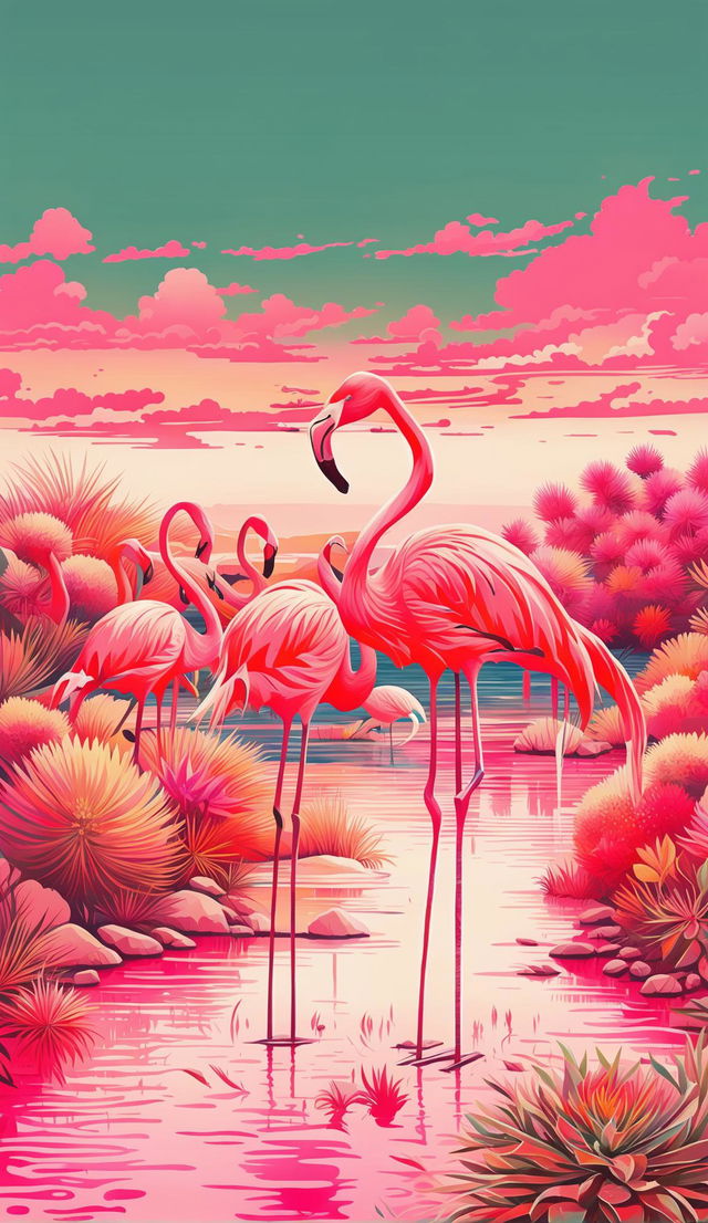 A serene beach scene with a color palette inspired by ocean blues and sunset pinks, featuring elegant flamingos and detailed cacti.