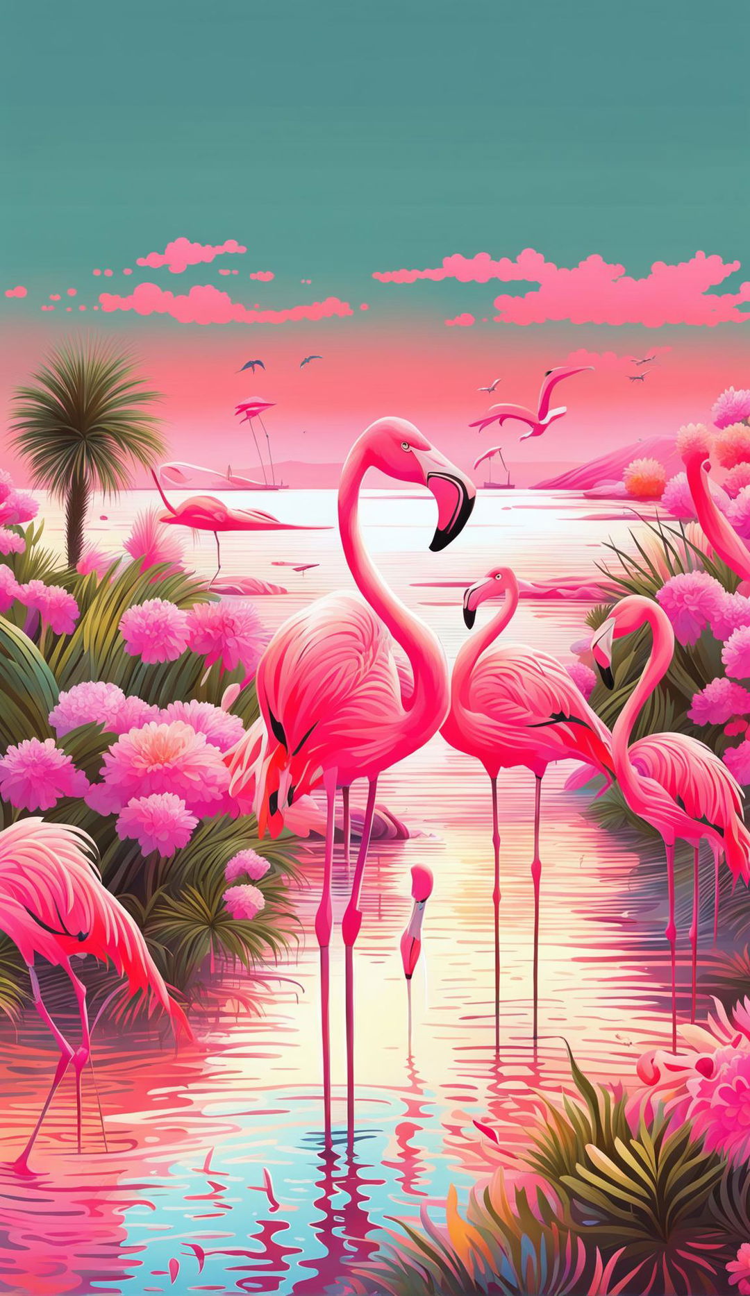 A serene beach scene with a color palette inspired by ocean blues and sunset pinks, featuring elegant flamingos and detailed cacti.