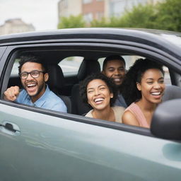 A dynamic scene of diverse people carpooling. The car is modern and spacious, filled with laughter and enjoyable conversation.