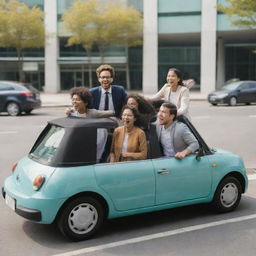 A dynamic scene of diverse people carpooling. The car is modern and spacious, filled with laughter and enjoyable conversation.