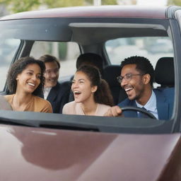 A dynamic scene of diverse people carpooling. The car is modern and spacious, filled with laughter and enjoyable conversation.