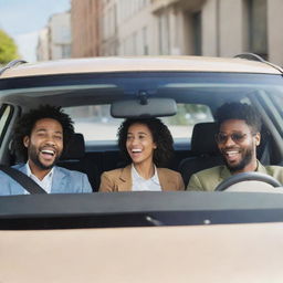 A dynamic scene of diverse people carpooling. The car is modern and spacious, filled with laughter and enjoyable conversation.