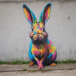 A vivid and intricate street graffiti of a rabbit, splashed onto a concrete wall in a Suburbano neighborhood.