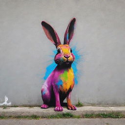 A vivid and intricate street graffiti of a rabbit, splashed onto a concrete wall in a Suburbano neighborhood.