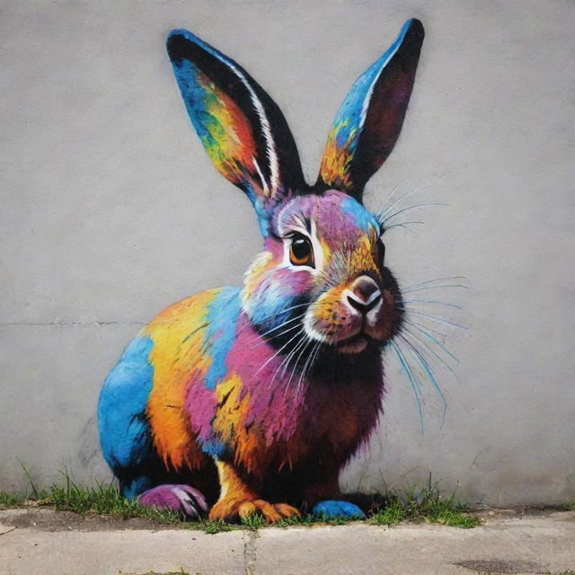 A vivid and intricate street graffiti of a rabbit, splashed onto a concrete wall in a Suburbano neighborhood.