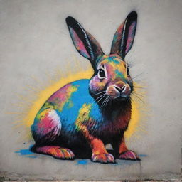 A vivid and intricate street graffiti of a rabbit, splashed onto a concrete wall in a Suburbano neighborhood.