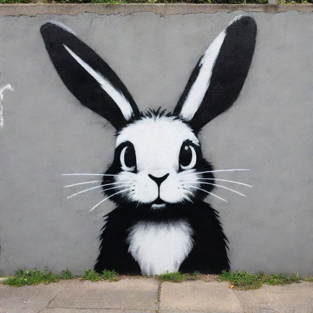 A powerful, black and white street graffiti of a furry rabbit, executed with bold, thick strokes on a concrete wall in a Suburbano neighborhood.