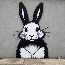 A powerful, black and white street graffiti of a furry rabbit, executed with bold, thick strokes on a concrete wall in a Suburbano neighborhood.