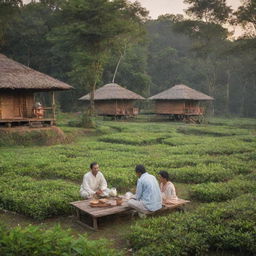 A serene evening scene in Assam, India featuring traditional tea gardens, small wooden huts, and locals engaging in friendly conversation while sipping tea.