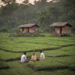 A serene evening scene in Assam, India featuring traditional tea gardens, small wooden huts, and locals engaging in friendly conversation while sipping tea.