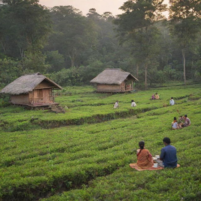 A serene evening scene in Assam, India featuring traditional tea gardens, small wooden huts, and locals engaging in friendly conversation while sipping tea.