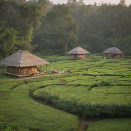 A serene evening scene in Assam, India featuring traditional tea gardens, small wooden huts, and locals engaging in friendly conversation while sipping tea.