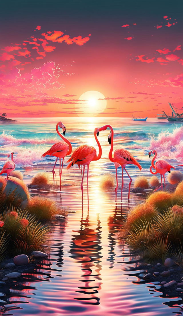 A beach view with a radiant sun, shimmering water, elegant flamingos, and detailed cacti.