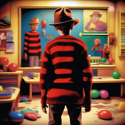 A high-quality digital art piece portrays Freddy Krueger from A Nightmare on Elm Street, standing ominously in a daycare center