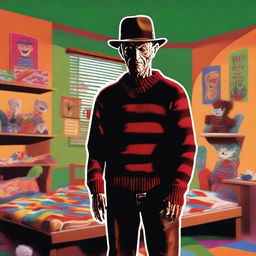 A high-quality digital art piece portrays Freddy Krueger from A Nightmare on Elm Street, standing ominously in a daycare center