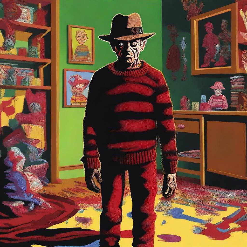 A high-quality digital art piece portrays Freddy Krueger from A Nightmare on Elm Street, standing ominously in a daycare center