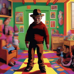 A high-quality digital art piece portrays Freddy Krueger from A Nightmare on Elm Street, standing ominously in a daycare center