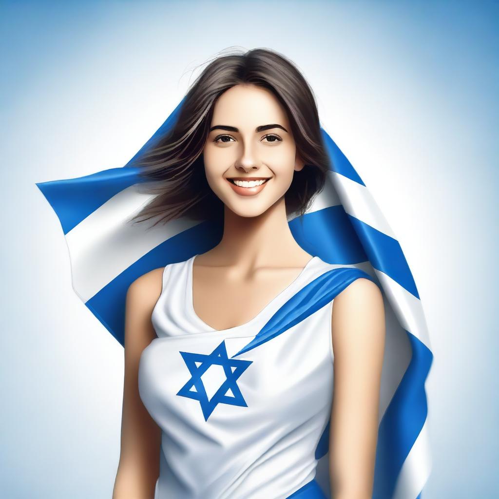 An image of a confident young woman draped in an Israeli flag