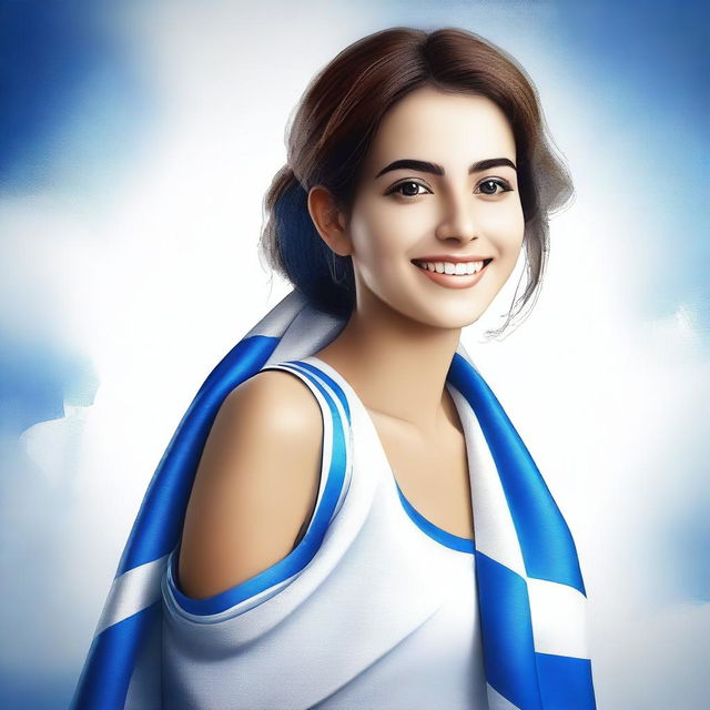 An image of a confident young woman draped in an Israeli flag