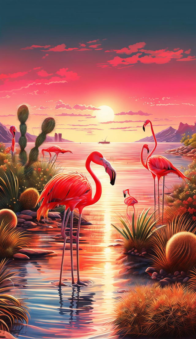 A 1920x1080 rendition of a beach view with a radiant sun, shimmering water, elegant flamingos, and detailed cacti.